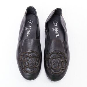 CHANEL black leather silver CC logo camellia flat loafer EU36.5